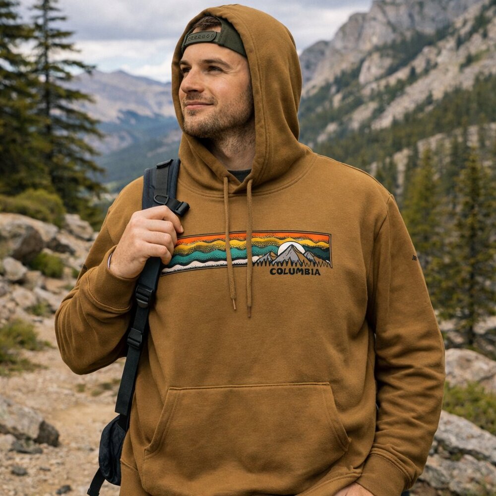 Columbia Hoodie Mens Large Brown Graphic Print Fleece Lined Cotton Outerwear